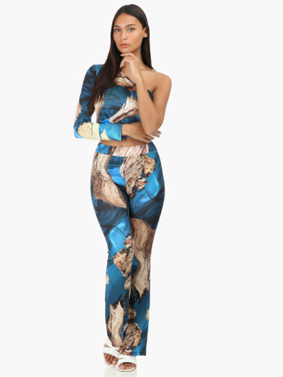 Top bleu one shoulder à motif