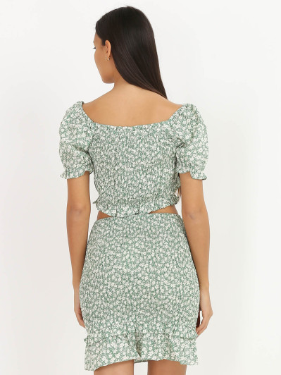 Crop top vert smocké et fleuri