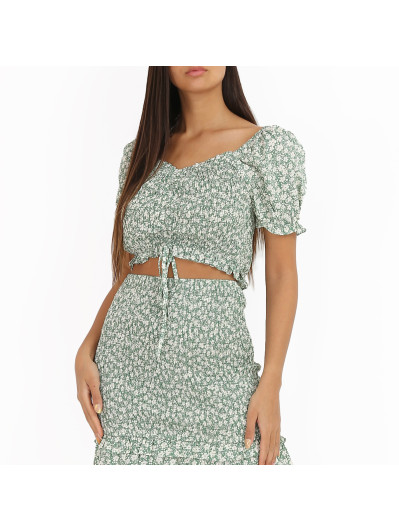 Crop top vert smocké et fleuri