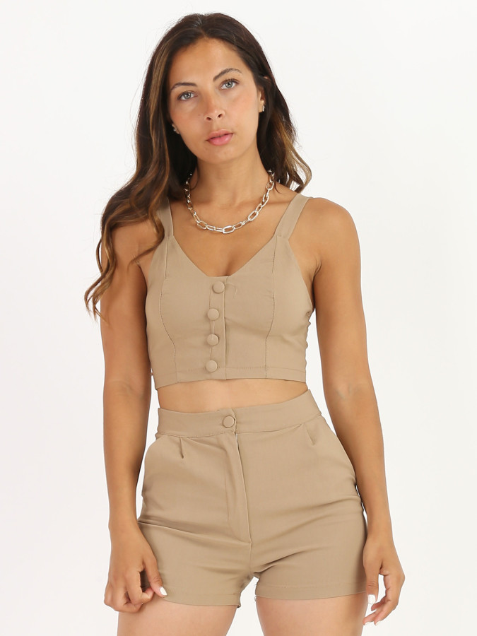 Crop top camel texturé style chambray