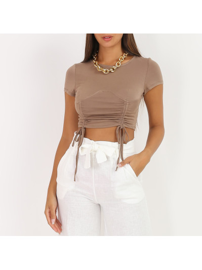 Crop top taupe froncé style corset