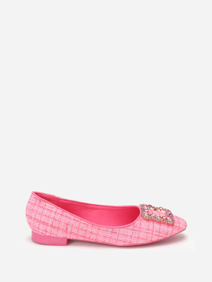 Ballerines fuchsia en tweed avec bride bijou