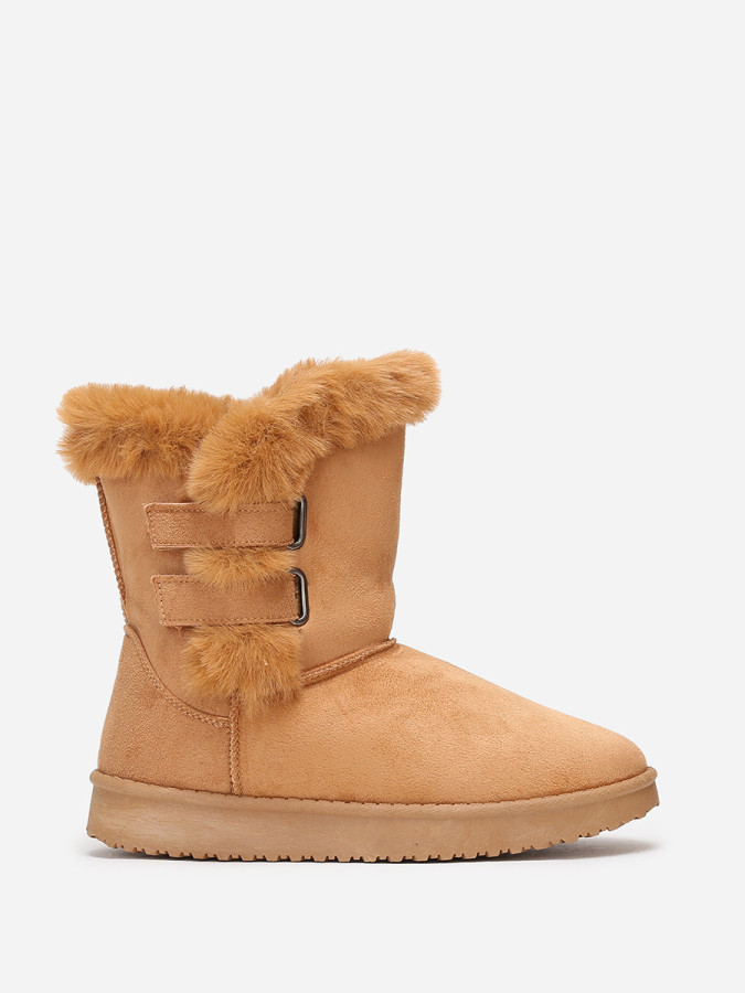 Boots camel en suédine et fourrure à scratchs femme pas chere la modeuse