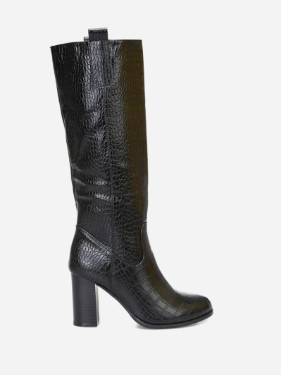 Bottes en simili croco noir à talon carré