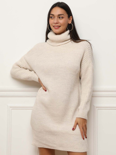 Robe pull beige courte beige à col roulé