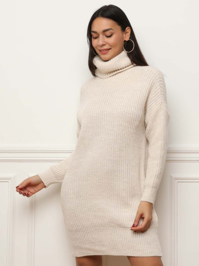 Robe pull beige courte beige à col roulé