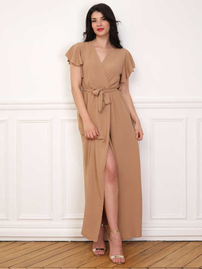 Robe longue fendue à col cache coeur