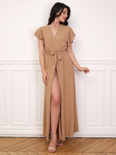 Robe longue fendue à col cache coeur