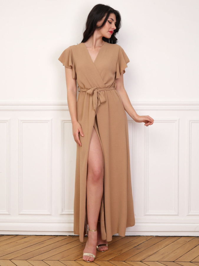 Robe longue fendue à col cache coeur