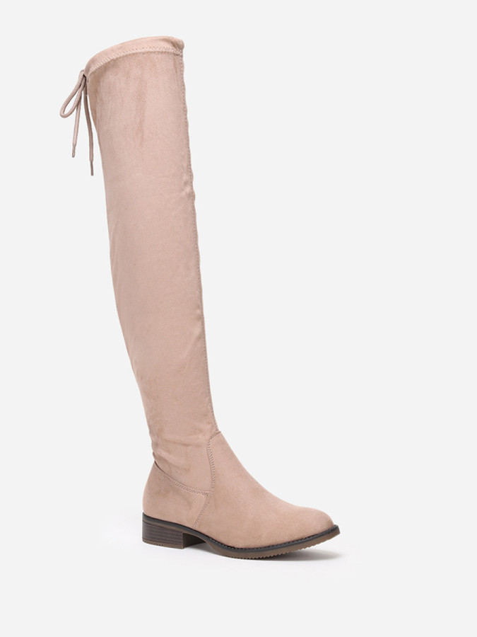 Cuissardes taupes plates en suédine et à noeud