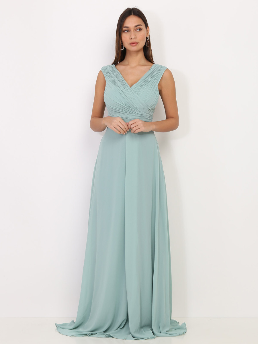 Robe longue drapée vert d'eau avec fente