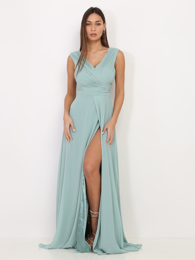 Robe longue drapée vert d'eau avec fente