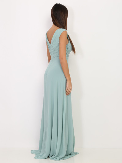Robe longue drapée vert d'eau avec fente