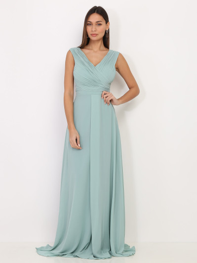 Robe longue drapée vert d'eau avec fente