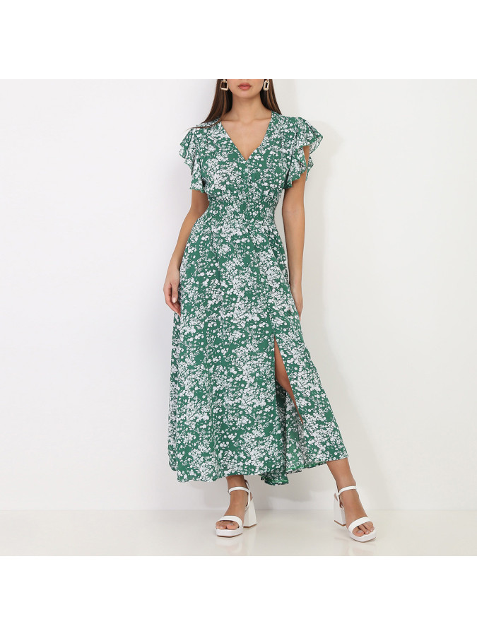 Robe verte volantée à boutons et motif fleurs