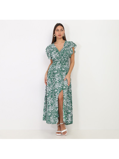 Robe verte volantée à boutons et motif fleurs