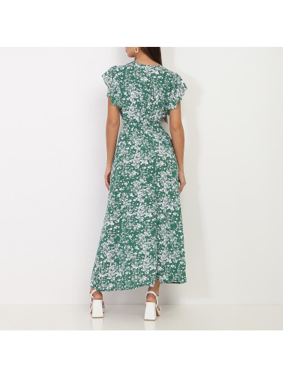 Robe verte volantée à boutons et motif fleurs