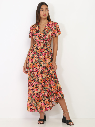 Robe longue noire à fleurs orange avec découpes