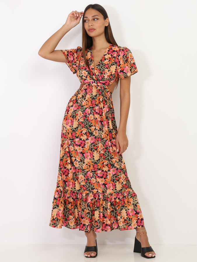 Robe longue noire à fleurs orange avec découpes