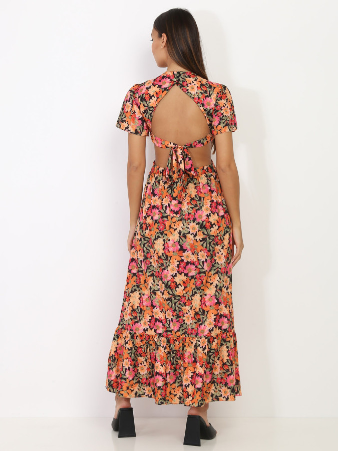 Robe longue noire à fleurs orange avec découpes