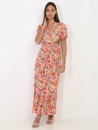 Robe longue blanche à fleurs orange avec découpes