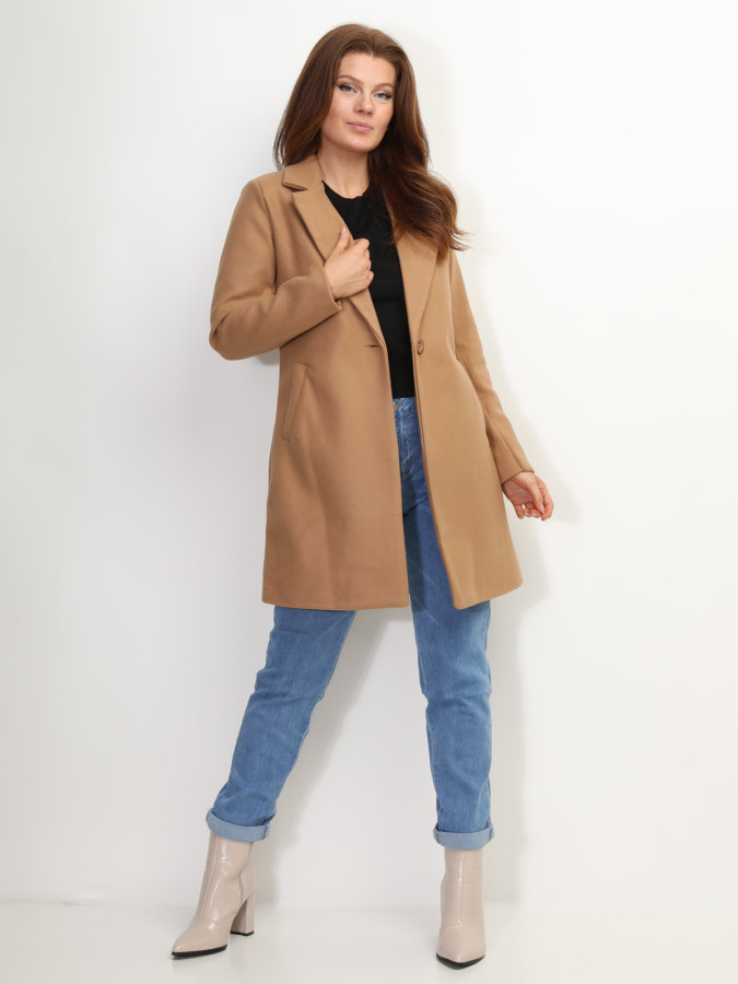 Manteau camel mi long à col revers