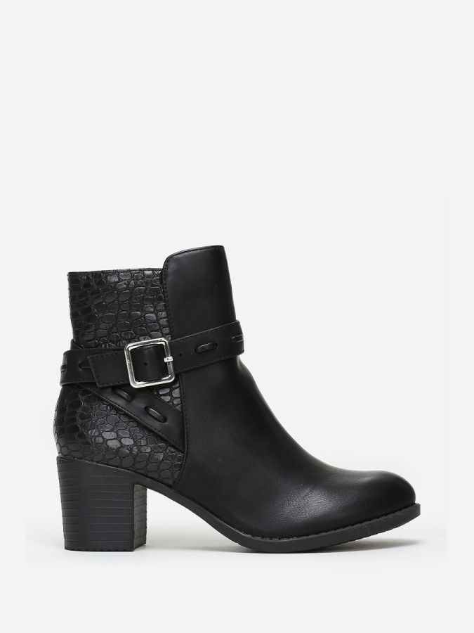 Bottines bi-matières noires avec bride à boucle