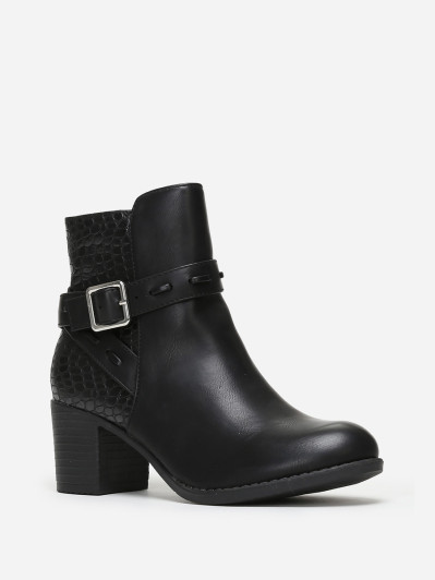 Bottines bi-matières noires avec bride à boucle