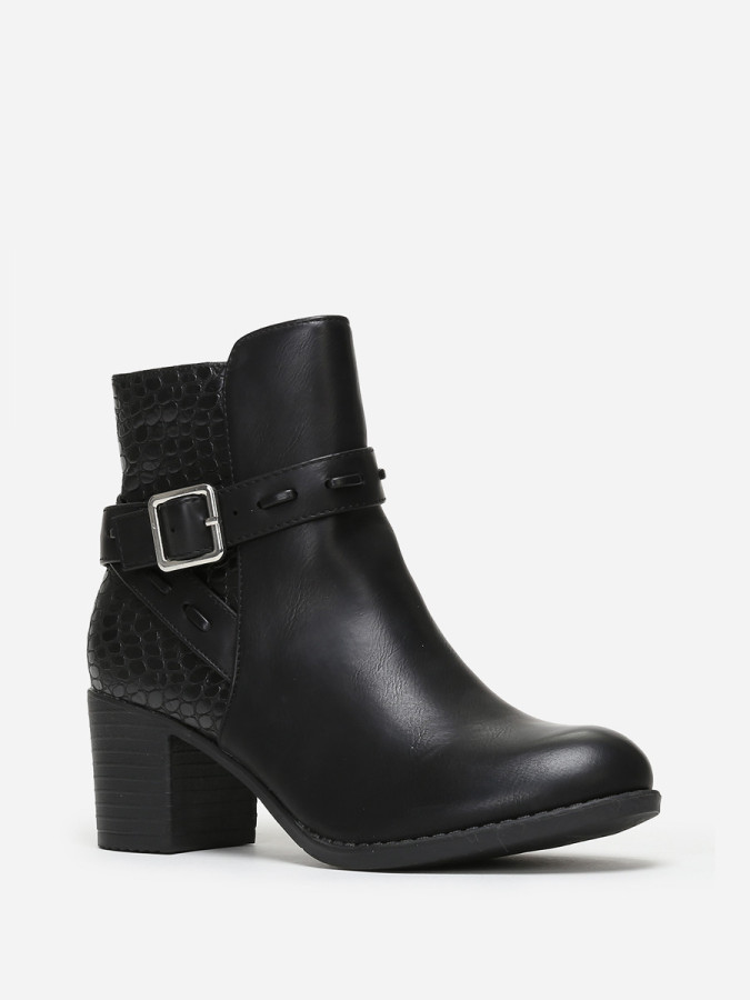 Bottines bi-matières noires avec bride à boucle
