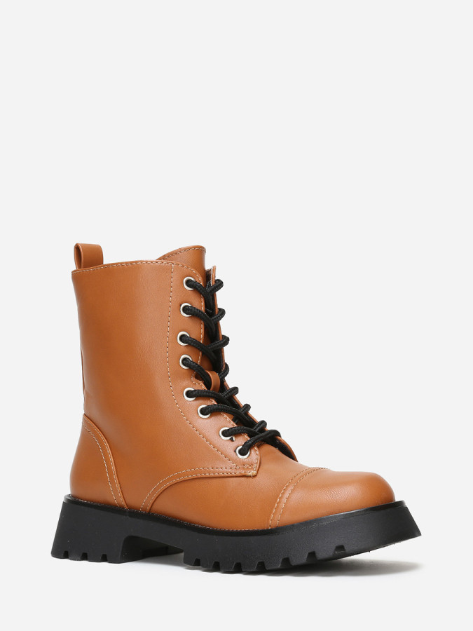 Bottines rangers camel crantées en simili