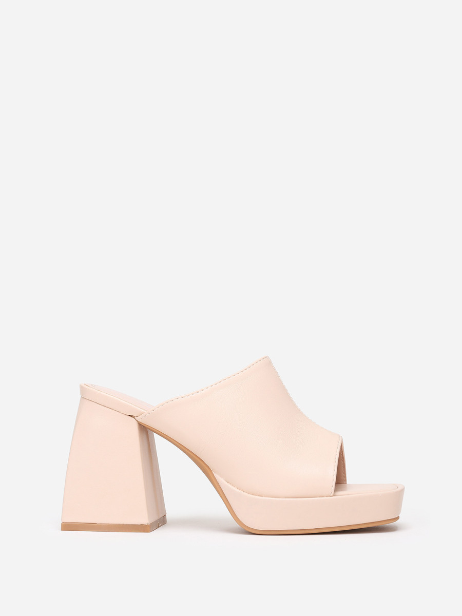 Mules plateformes beiges à talon trapèze