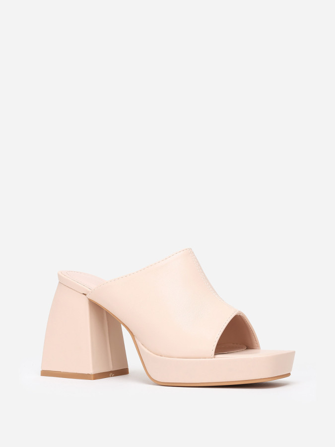 Mules plateformes beiges à talon trapèze