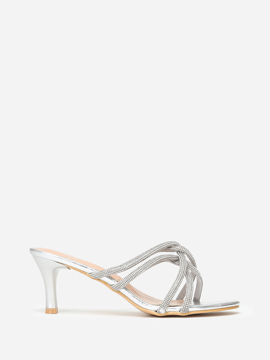Mules argentées à brides strass entrelacées grandes tailles