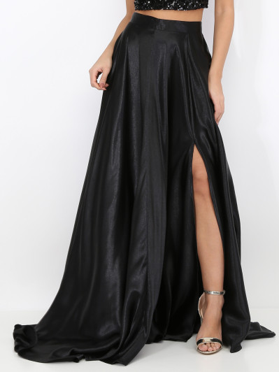 Jupe longue noire taille haute effet satinée