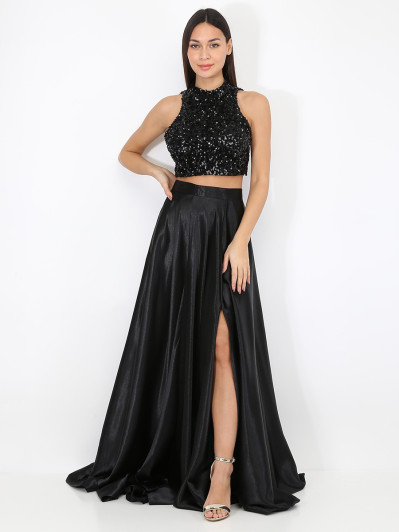 Jupe longue noire taille haute effet satinée