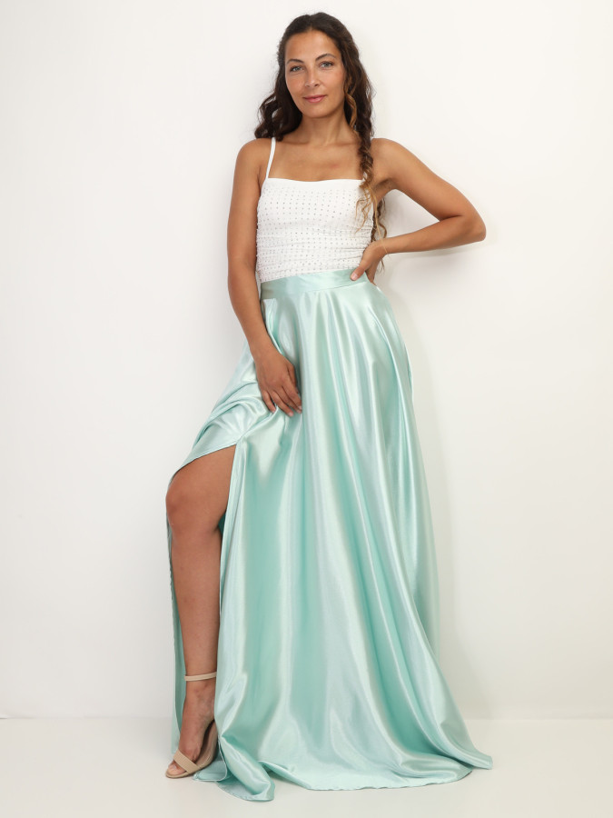 Jupe longue vert clair taille haute effet satinée