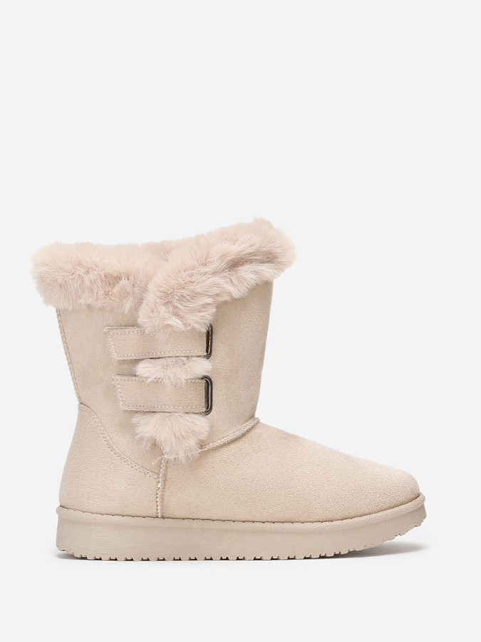 Boots beige en suédine et fourrure à scratchs femme pas chere la modeuse