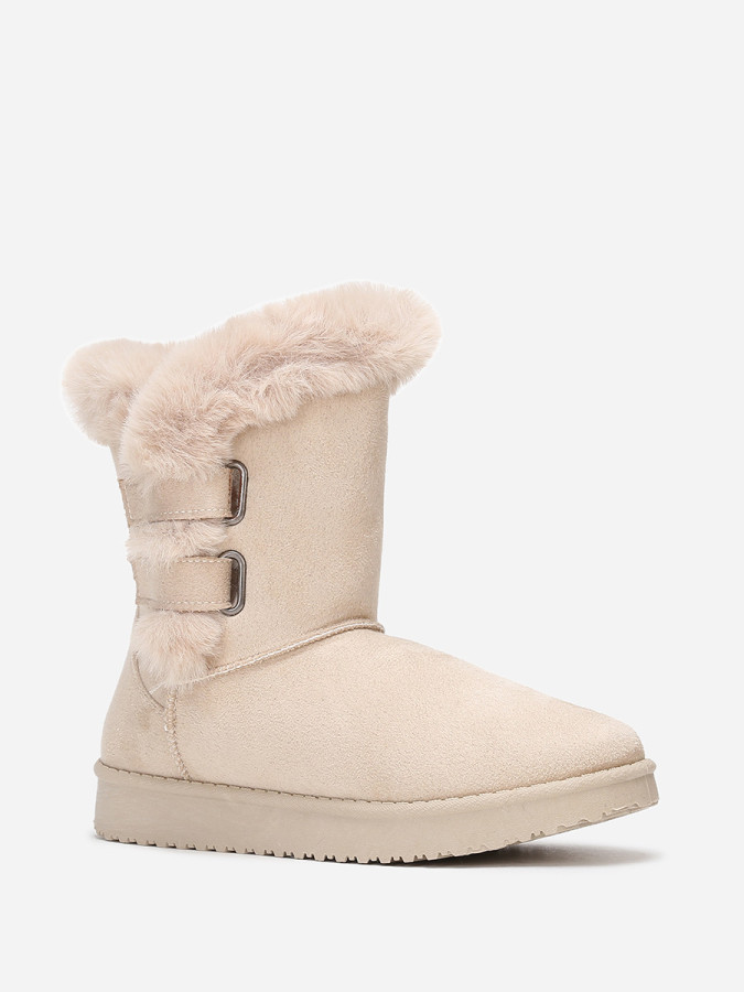 Boots beige en suédine et fourrure à scratchs femme pas chere la modeuse