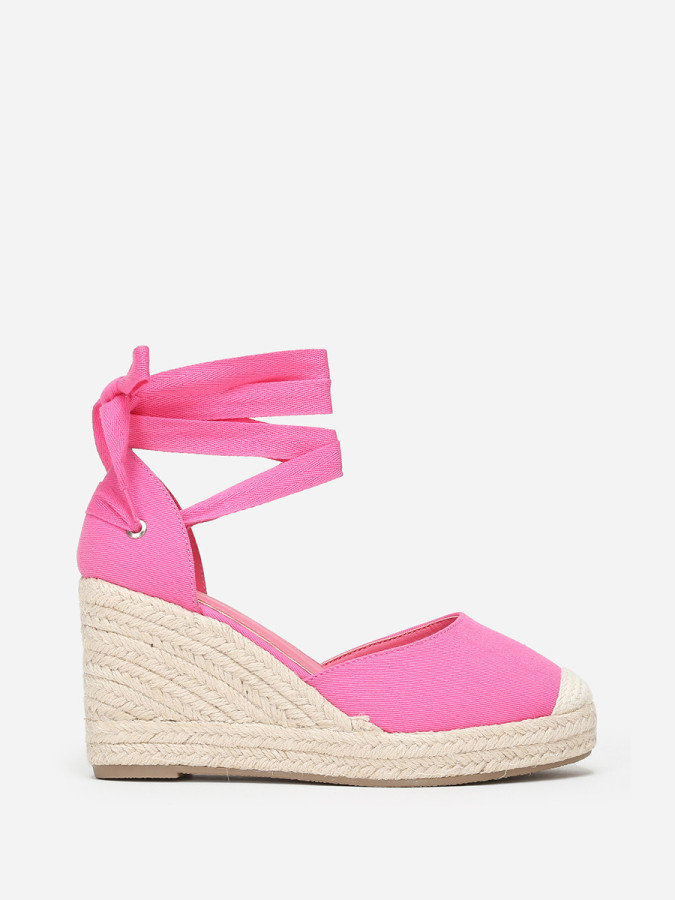 Espadrilles compensées fuchsia avec ruban à nouer