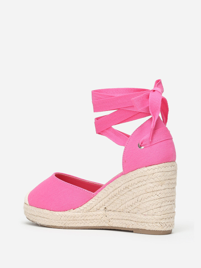 Espadrilles compensées fuchsia avec ruban à nouer